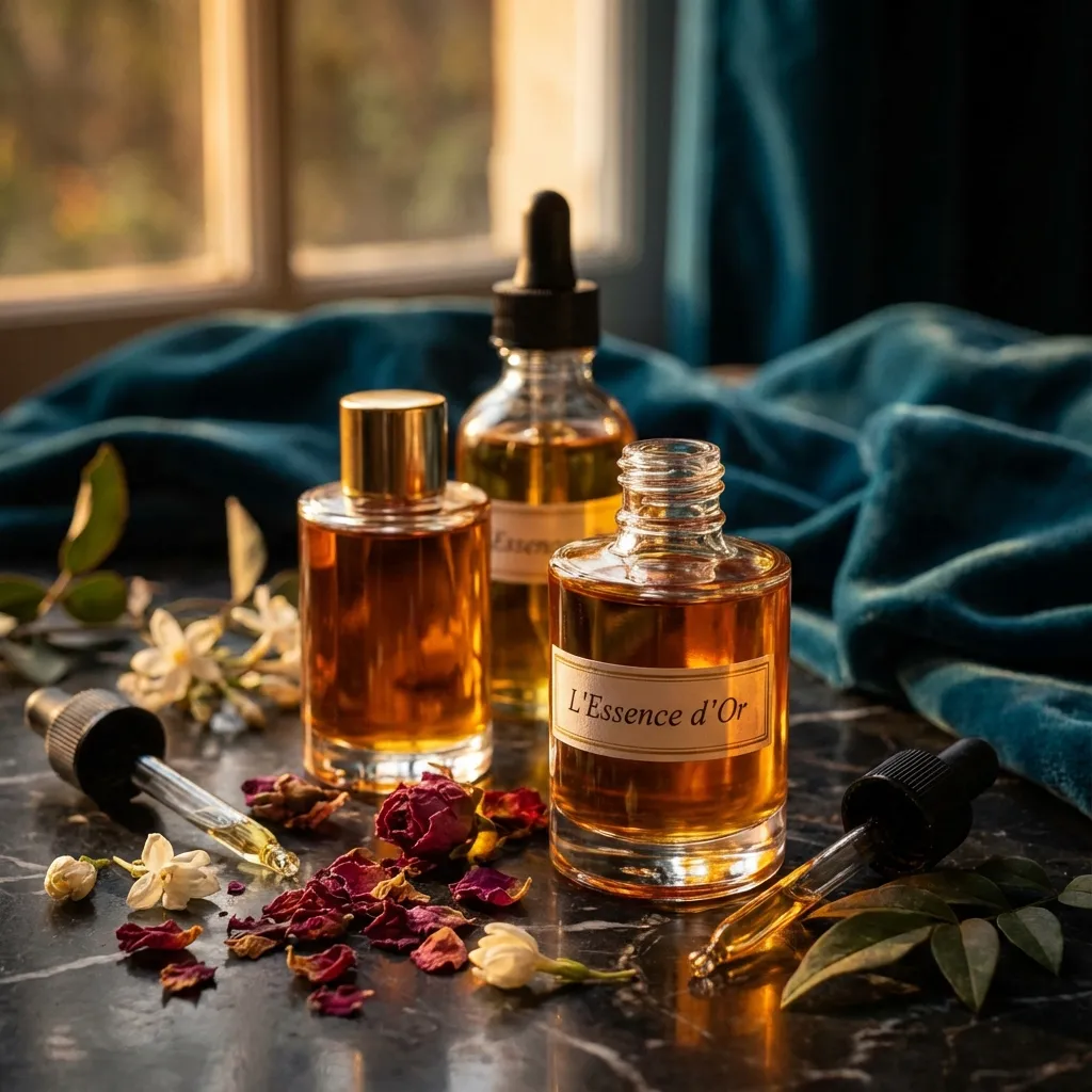 Fragrâncias premium para cosméticos - frascos de perfume, flores aromáticas e óleos essenciais